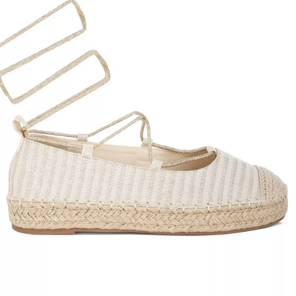 London Rag NWOT SZ6 Gold Stripe Oplin Womens Espadrille Shoes Cottage Boho Comfy